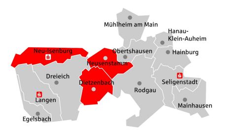 Das Geschäftsgebiet der Sparkasse Langen-Seligenstadt mit dem markierten Bereich Neu-Isenburg, Heusenstamm und Dietzenbach