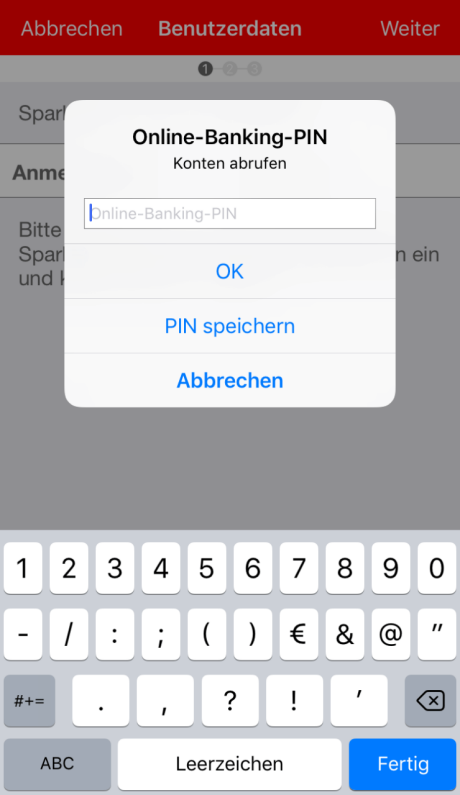 Einrichtung App Sparkasse: Login in das Online-Banking - die PIN abfrage