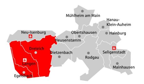 Das Geschäftsgebiet der Sparkasse Langen-Seligenstadt mit dem markierten Bereich Dreieich, Langen und Egelsbach
