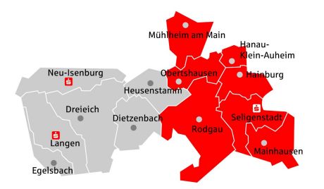 Das Geschäftsgebiet der Sparkasse Langen-Seligenstadt mit dem markierten Bereich Mühlheim, Obertshausen, Rodgau, Klein-Auheim, Hainburg, Mainhausen und Seligenstadt
