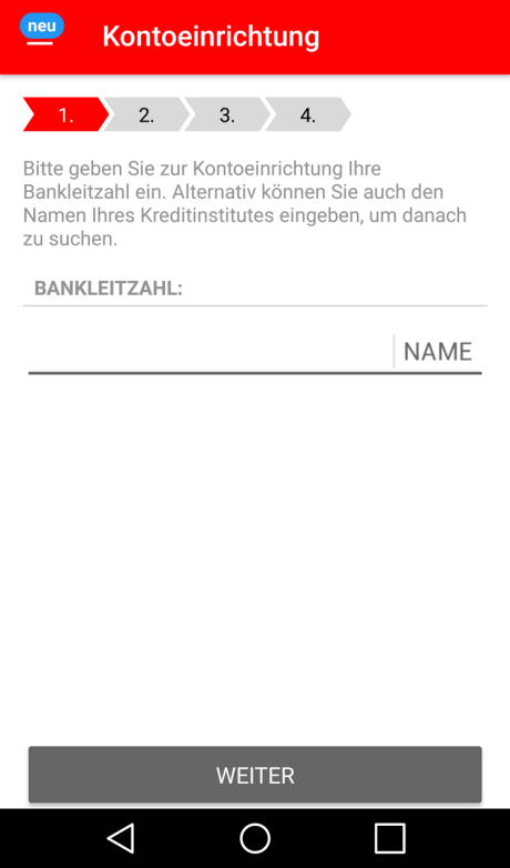 Einrichtung Sparkassen-App: Auswahl der Sparkasse über BLZ, BIC oder den Namen