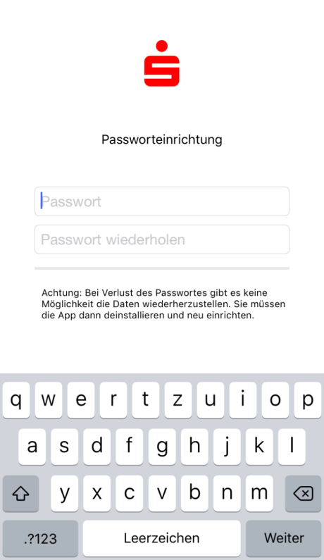 Screenshot der Sparkassen-App von der Passworteinrichtung